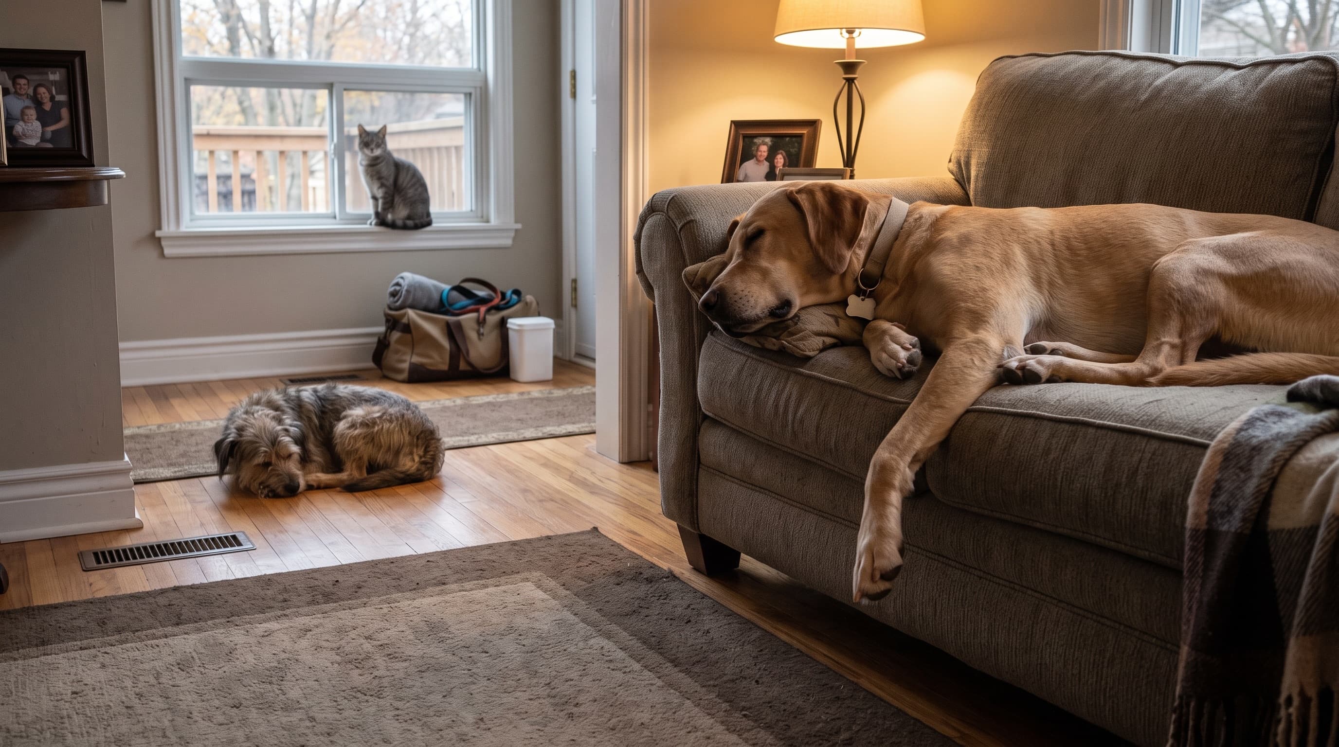 A living room with a large dog asleep on the sofa, a smaller dog curled on the floor, a cat on the windowsill, and a packed bag with a leash by the door.