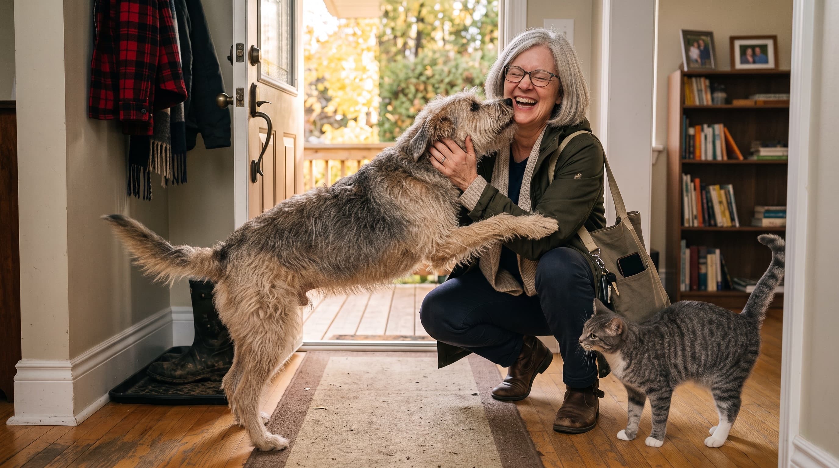 A person kneeling in a doorway, greeted by a shaggy dog with its paws up, while a grey tabby cat walks past.