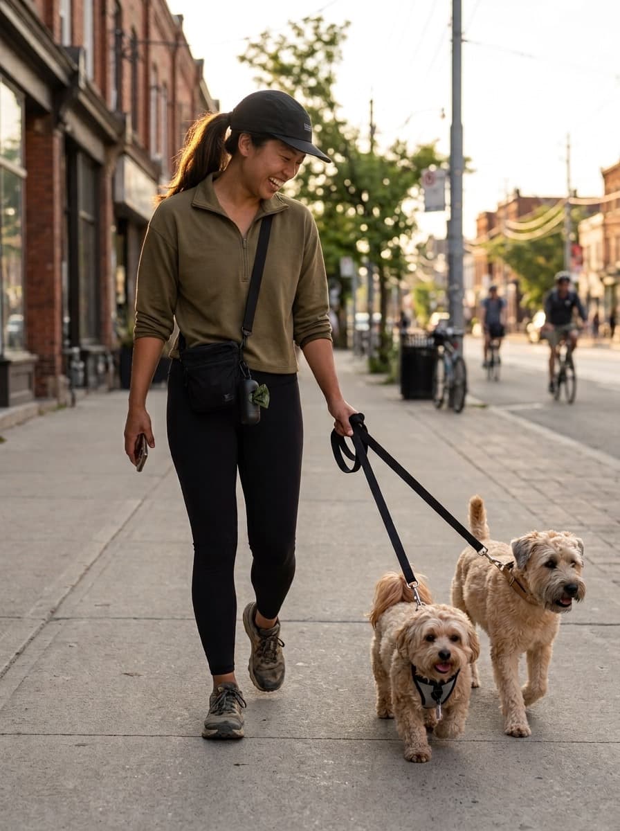 A dog walker on a Toronto street, walking two dogs on leash