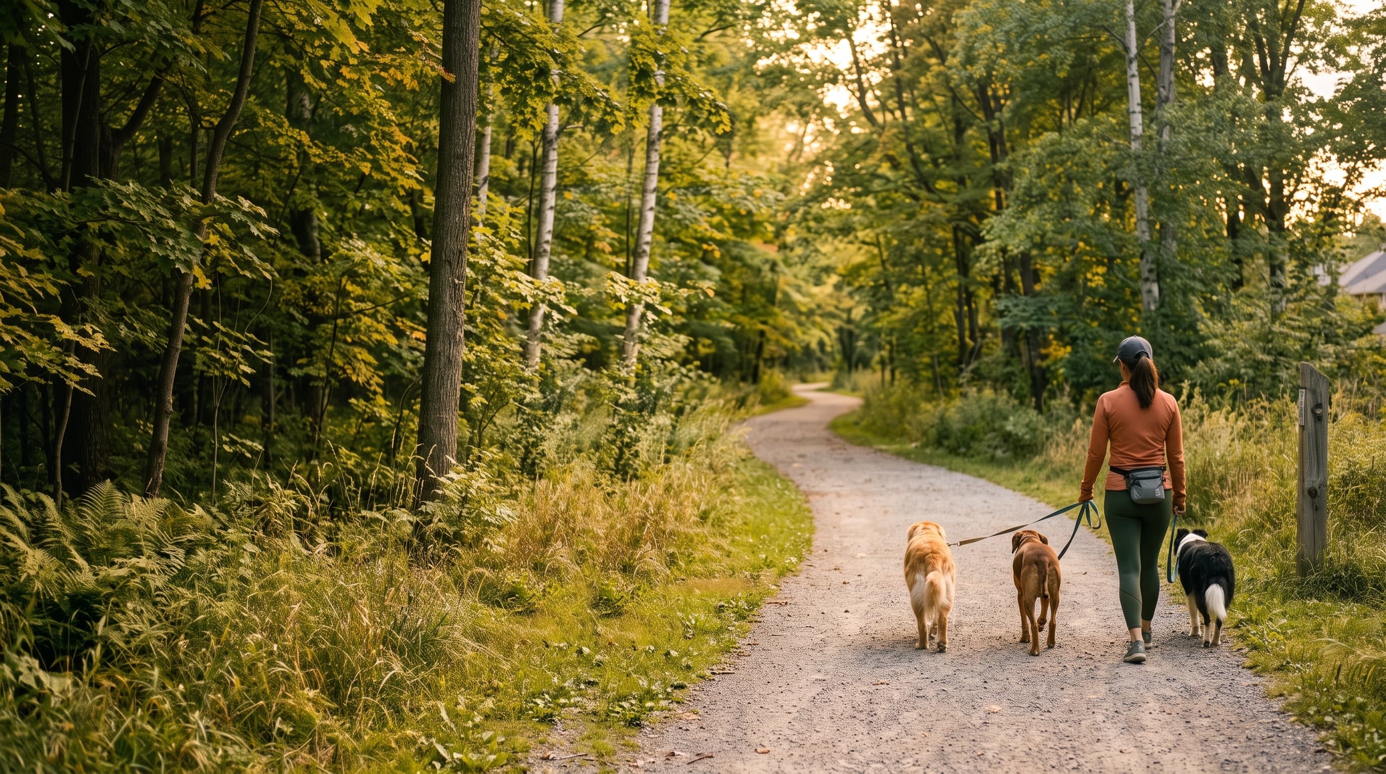A dog walker on a wooded trail with three dogs on leash.