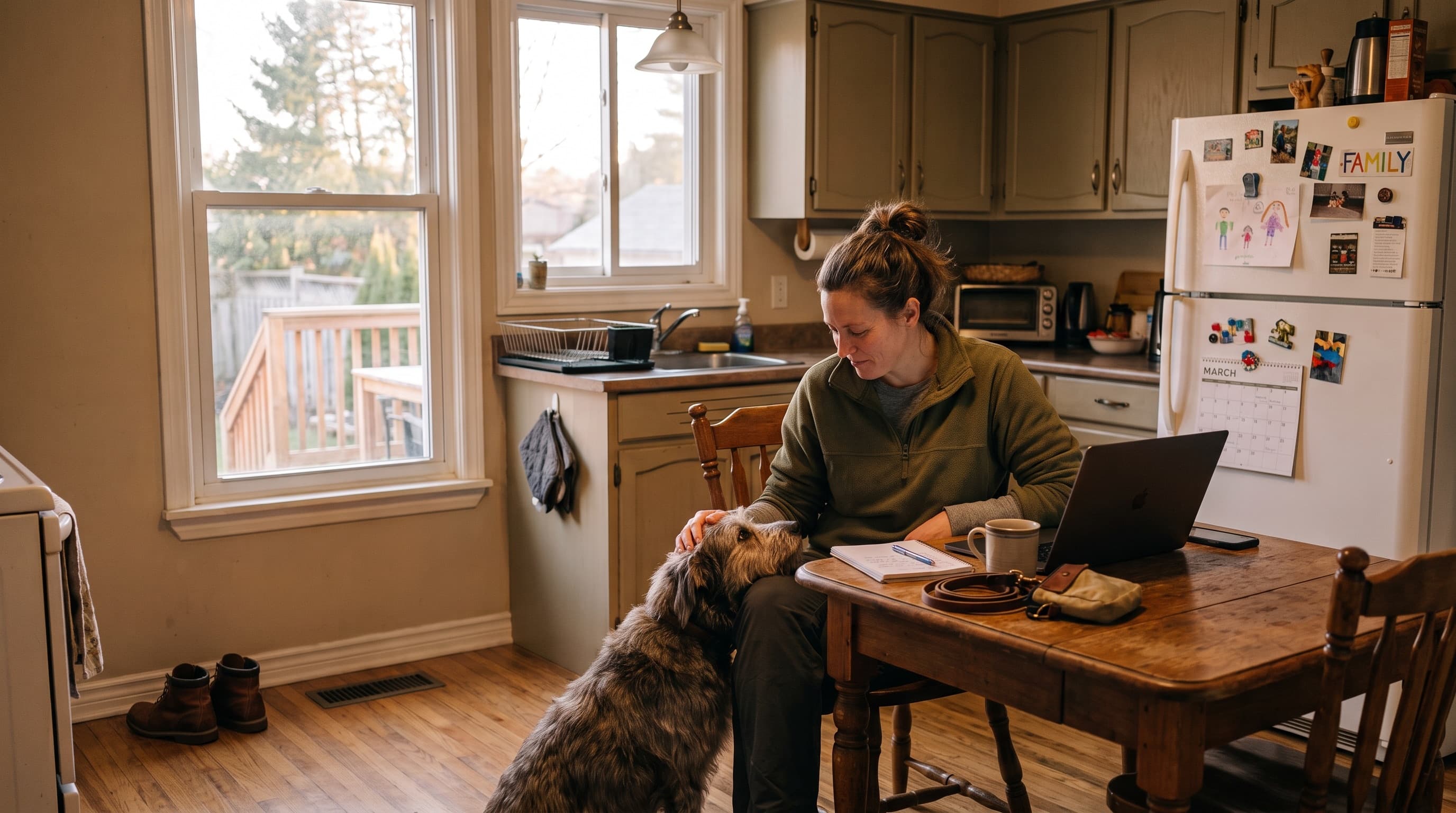 Someone at a kitchen table with a laptop and notebook, resting a hand on a shaggy dog that has come to lean against them.