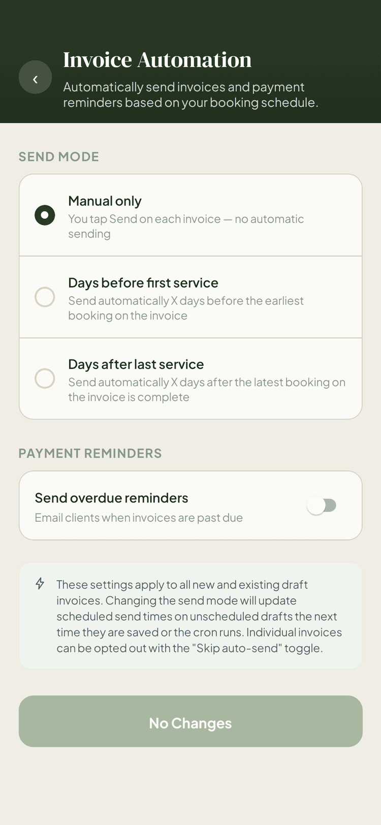 The payments & invoicing screen in the Chester app